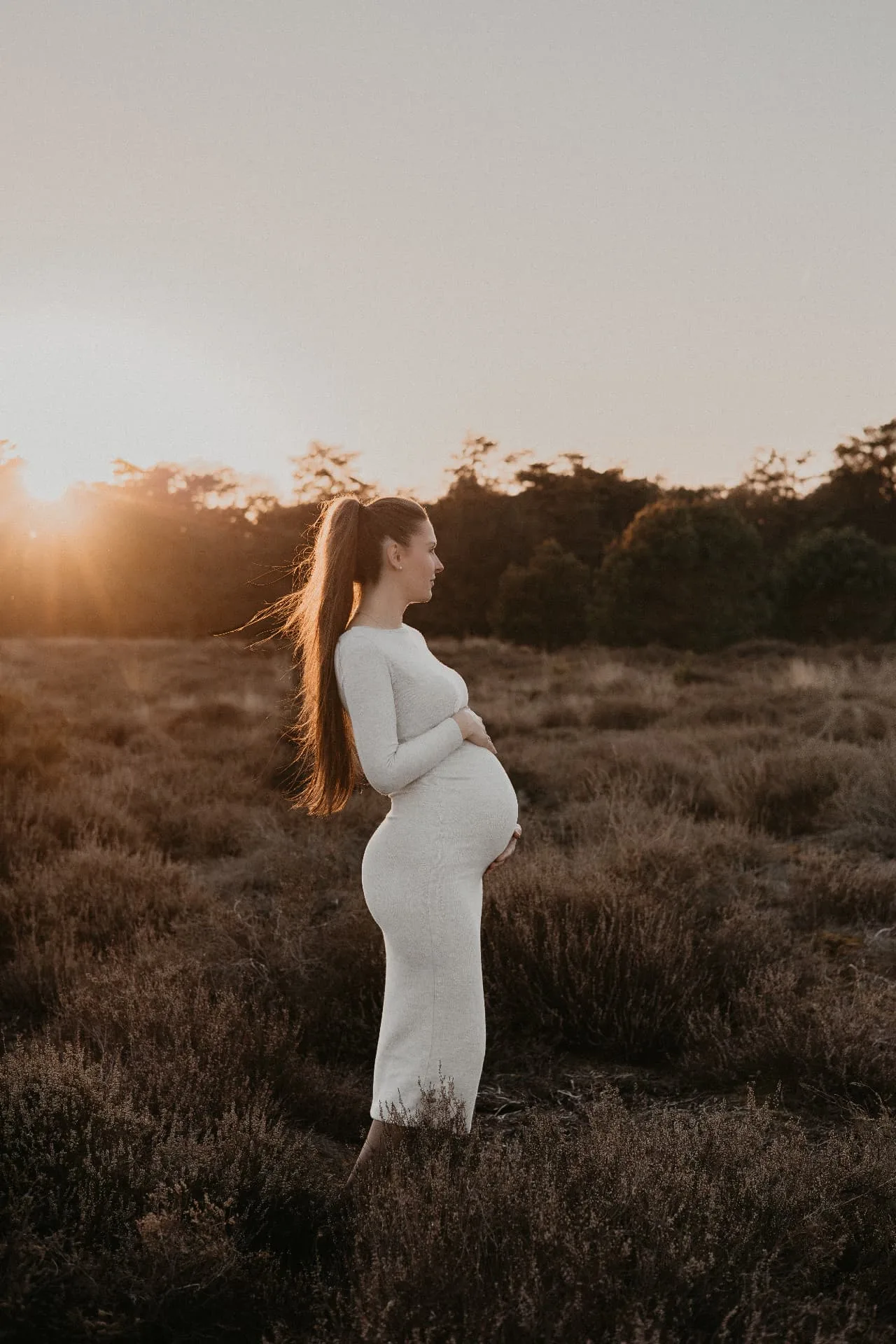 Zwangere vrouw op de heide in warm avondlicht